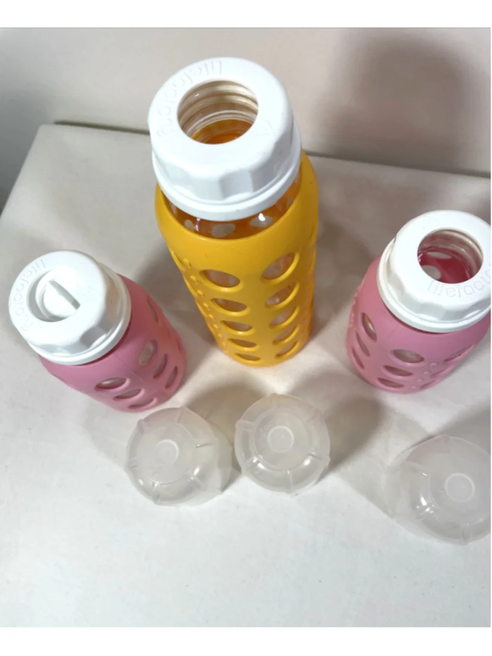 LIFE FACTORY Glass Baby Bottles W/Lids & Silicone Sleeves 4 & 9 Ounce Lot of 3